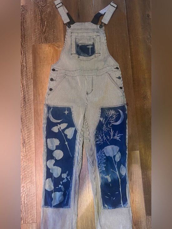 Dovetail Workwear Pants - Striped Dovetail Overalls with Cyanotype Floral Panels